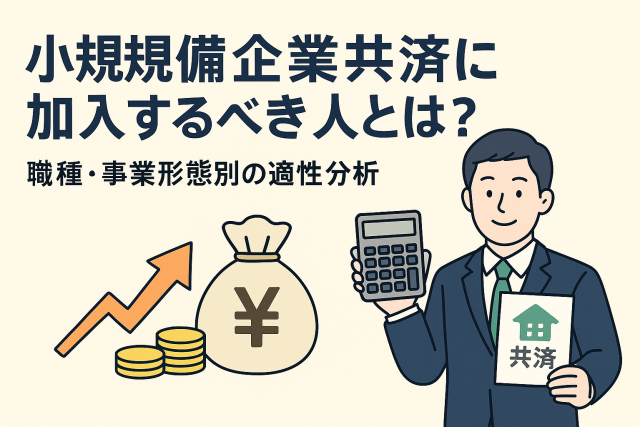 小規模企業共済に加入するべき人を職種・事業形態別に分析した日本語アイキャッチ画像。スーツ姿のビジネスマンが電卓と「共済」の書類を持ち、周囲にお金の袋や硬貨、上向き矢印の経済的シンボルが描かれている。
