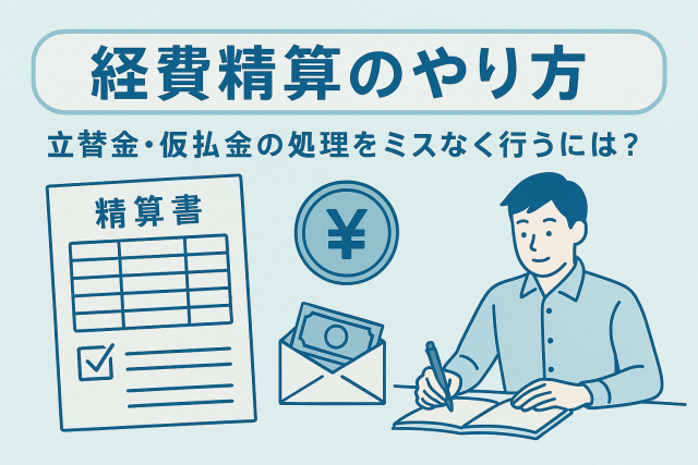 経費精算のやり方をテーマにしたアイキャッチ画像。精算書・封筒・現金・円マーク・ノートを取る男性のイラストが描かれ、立替金や仮払金処理をイメージしたデザイン。