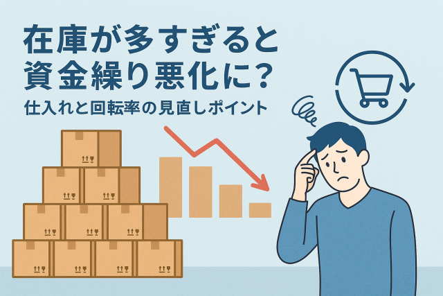 在庫が多すぎると資金繰り悪化に？をテーマにしたアイキャッチ画像。倉庫の段ボール箱、下降する赤いグラフ、悩む男性のイラストが描かれ、在庫過多による資金悪化をわかりやすく表現している。