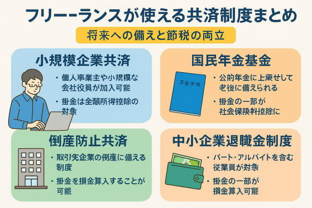 フリーランスが利用できる共済制度の一覧と特徴を解説する図解。小規模企業共済、倒産防止共済、国民年金基金などを紹介。