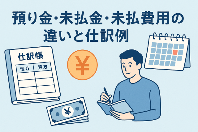 預り金・未払金・未払費用の違いと仕訳例をテーマにしたアイキャッチ画像。仕訳帳、円マーク、カレンダー、紙幣、ノートを取る男性のイラストを配置し、会計処理の基本を表現している。