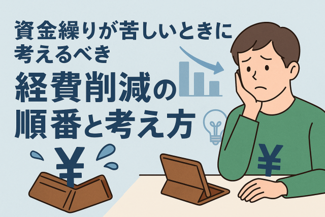 金繰りが苦しいときに考えるべき経費削減の順番と考え方をテーマにしたアイキャッチ画像。悩む表情の男性、空の財布、下降グラフ、電球のアイコンが描かれ、経営改善やコスト削減をイメージしている。