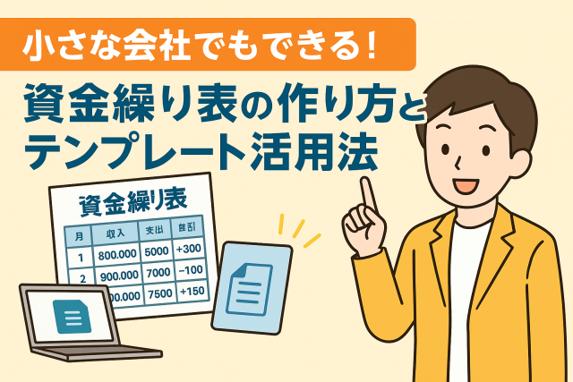 資金繰り表の使い方とテンプレート活用法を解説する男性キャラクターと、表やパソコンアイコンが並ぶイラスト