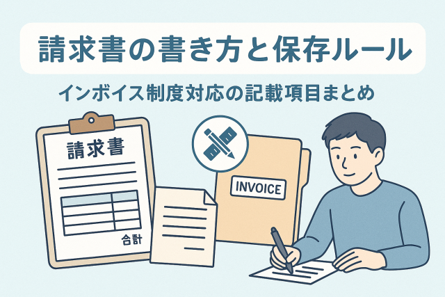 請求書の書き方と保存ルールをテーマにしたアイキャッチ画像。請求書、INVOICEフォルダー、書類、ペンを持つ男性のイラストが描かれ、インボイス制度に対応した事務処理を表現している。