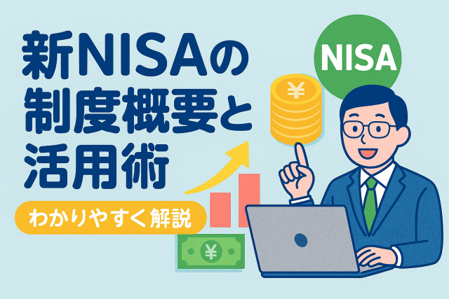 新NISAの制度概要と活用術をわかりやすく解説するためのイラスト。スーツ姿の男性、NISAロゴ、上昇グラフ、コインの山を背景にしたデザイン。