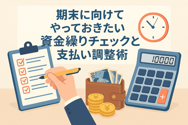 期末に向けた資金繰りチェックと支払調整を行うビジネスシーンのイラスト。電卓や通帳、メモ帳、現金などが並ぶ親しみやすいデザイン。