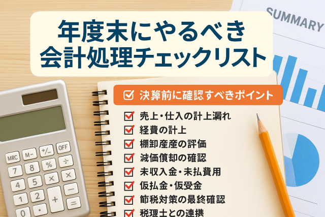 年度末の会計処理チェックリストを示す日本語のインフォグラフィック。電卓、ノート、オレンジの鉛筆、グラフ付き資料が木製デスク上に配置されている。